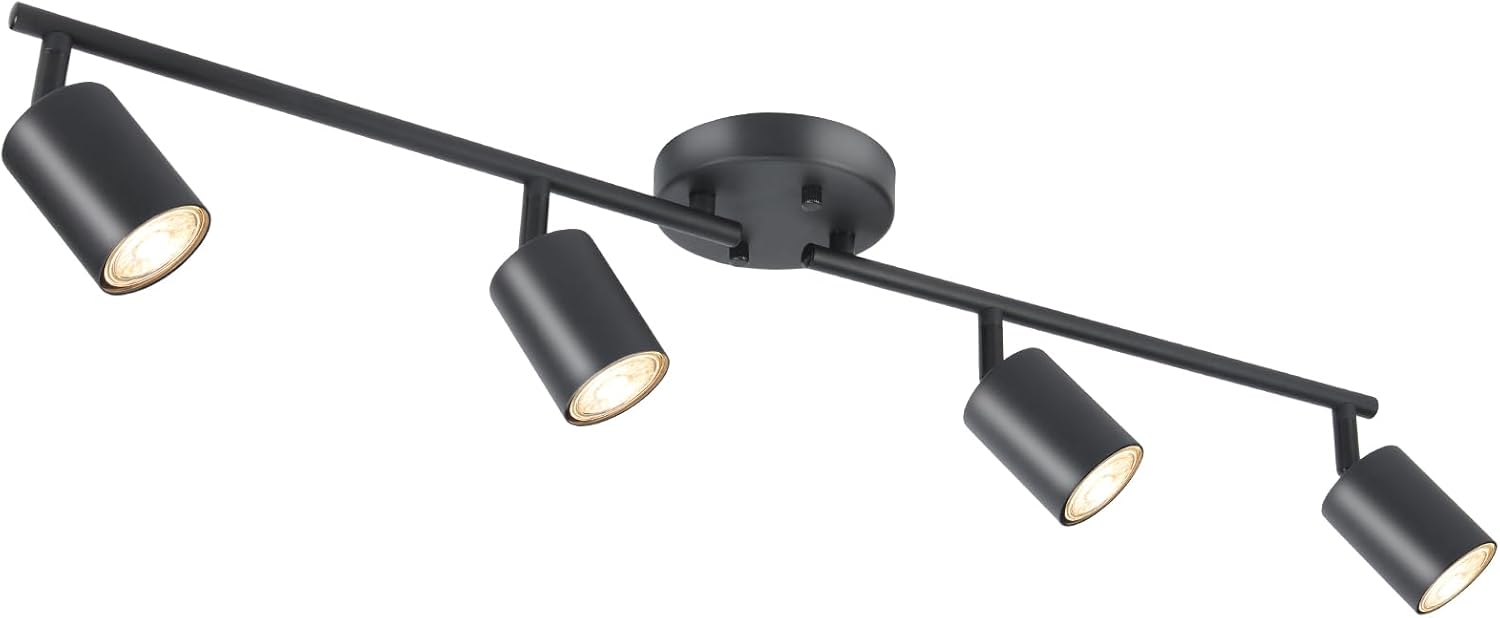 BoostArea LED 4 Light Track Lighting Kit, Black 4 Way Ceiling Spot Lighting, Flexibly Rotatable Light Head for Kitchen, Living Room, Bedroom, Bulb Not Included